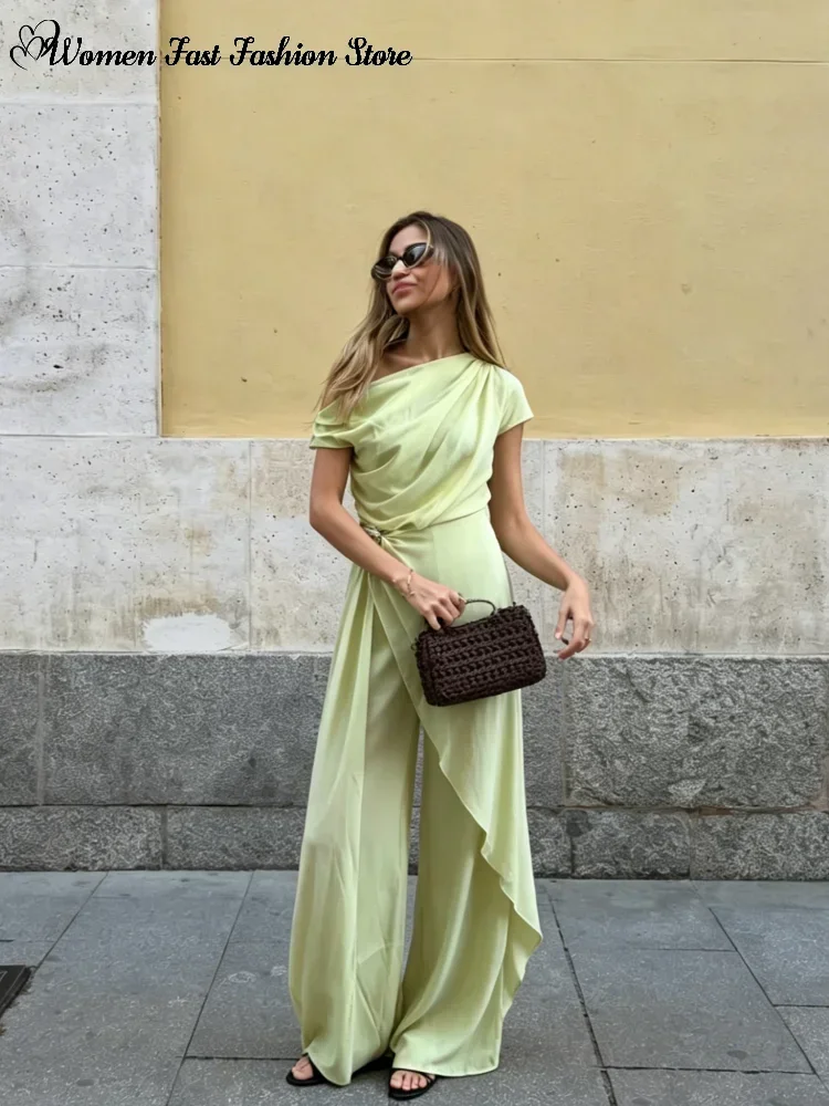 Elegant Skew Collar Jumpsuits Women's Sexy Off-shoulder Asymmetrical Waist-cinching Wide Leg Rompers 2026 New Lady Solid Outwear