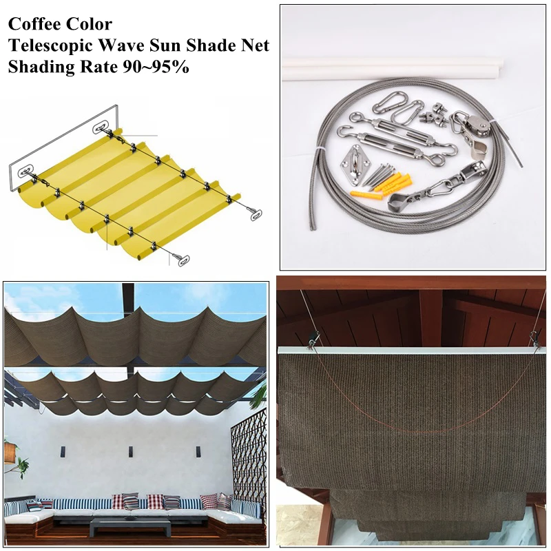 Brown Telescopic Wave Sunshade Net Courtyard Sun Shading Sail Installation Accessories Outdoor Awning Swimming Pool Sun Canopy