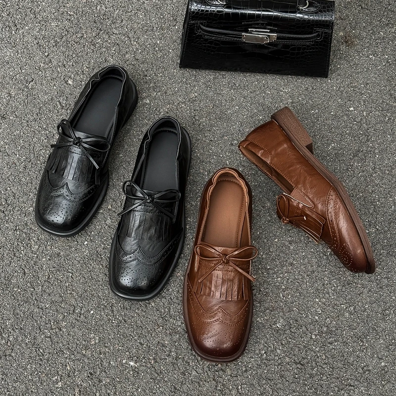 

AIYUQI/2026, новые женские туфли-броги, Нескользящие лоферы без шнуровки в стиле ретро, женские формальные женские кожаные туфли больших размеров с кисточками