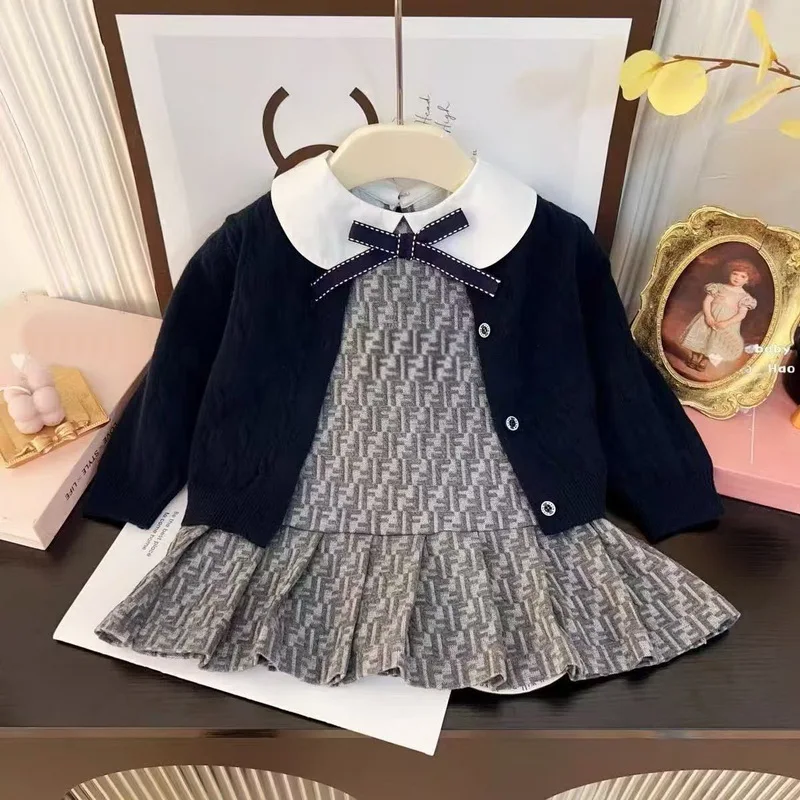 2-7Year Spring New Girls Dress Outfit Girls Knit Cardigan+Doll Collar Jacquard Lapel Dress Autumn Everyday Sweet Princess Dress