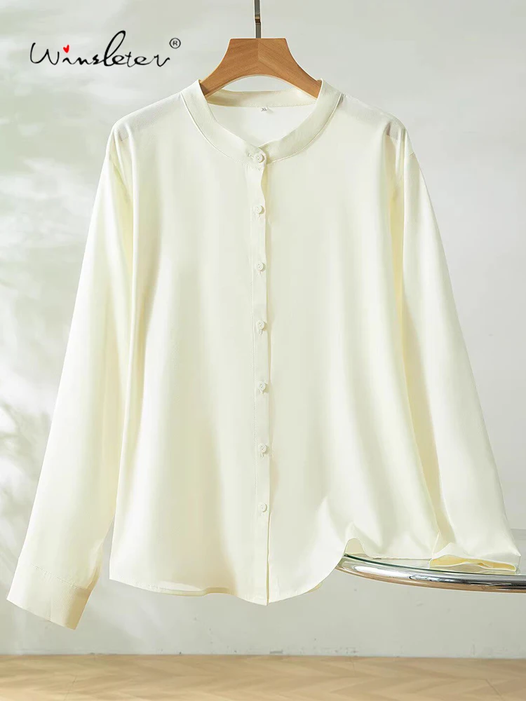 

Winsleter-93%Silk 7%Spandex Elegant Shirt, Stand Long Sleeve Solid, Women Basic Commute Loose Blouse, 2026 Summer New T64566CC