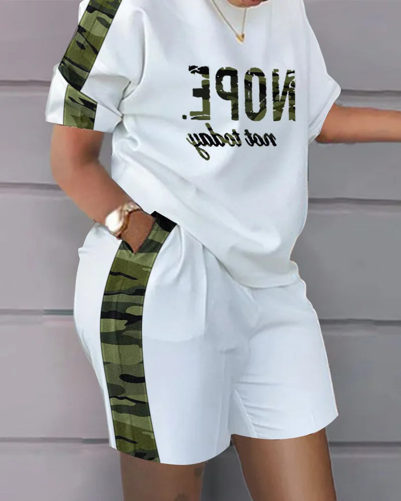 Women Casual Short Sleeve Outfit 2023 Summer Fashion Letter Printed O Neck Pocket Suit Female T Shirt Top Shorts Two Pieces Set