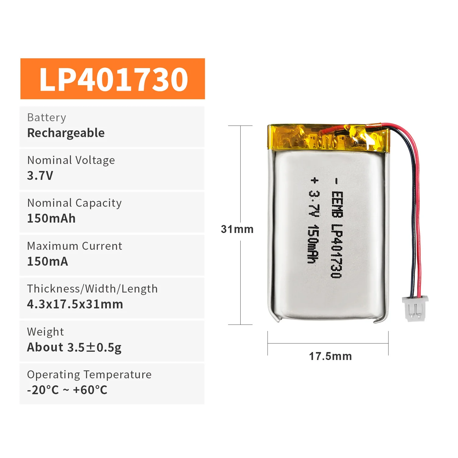EEMB 1~40 Pack 3.7V Lithium Polymer Battery 150mAh 401730 Rechargeable Battery Pack with Wire Molex 1.25mm Connector