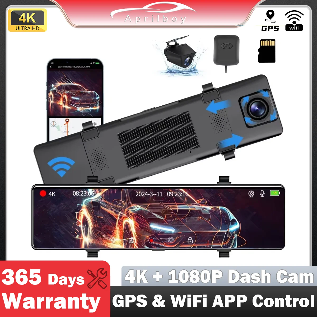 Aprilboy H5 12Inch Mirror Dash Cam 4K Front Rear Dual Camera Car DVR with G-Sensor Support Parking Monitor Night Vision GPS ADAS