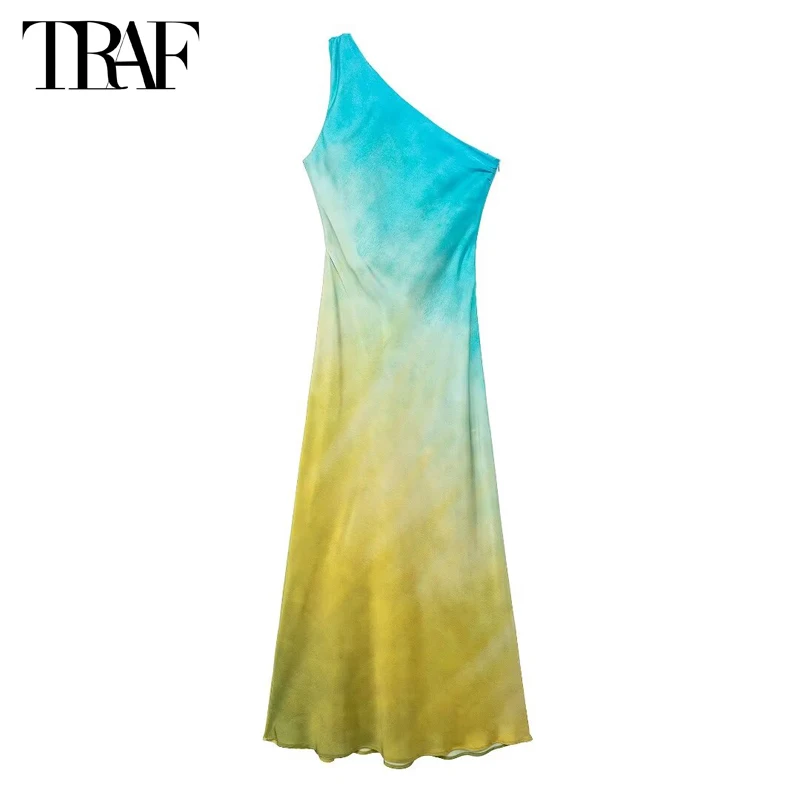 TRAF Tie Dye Long Dress Woman Satin Backless Midi Dresses for Women Asymmetric Summer Womens Dresses Beach Party Dresses Woman