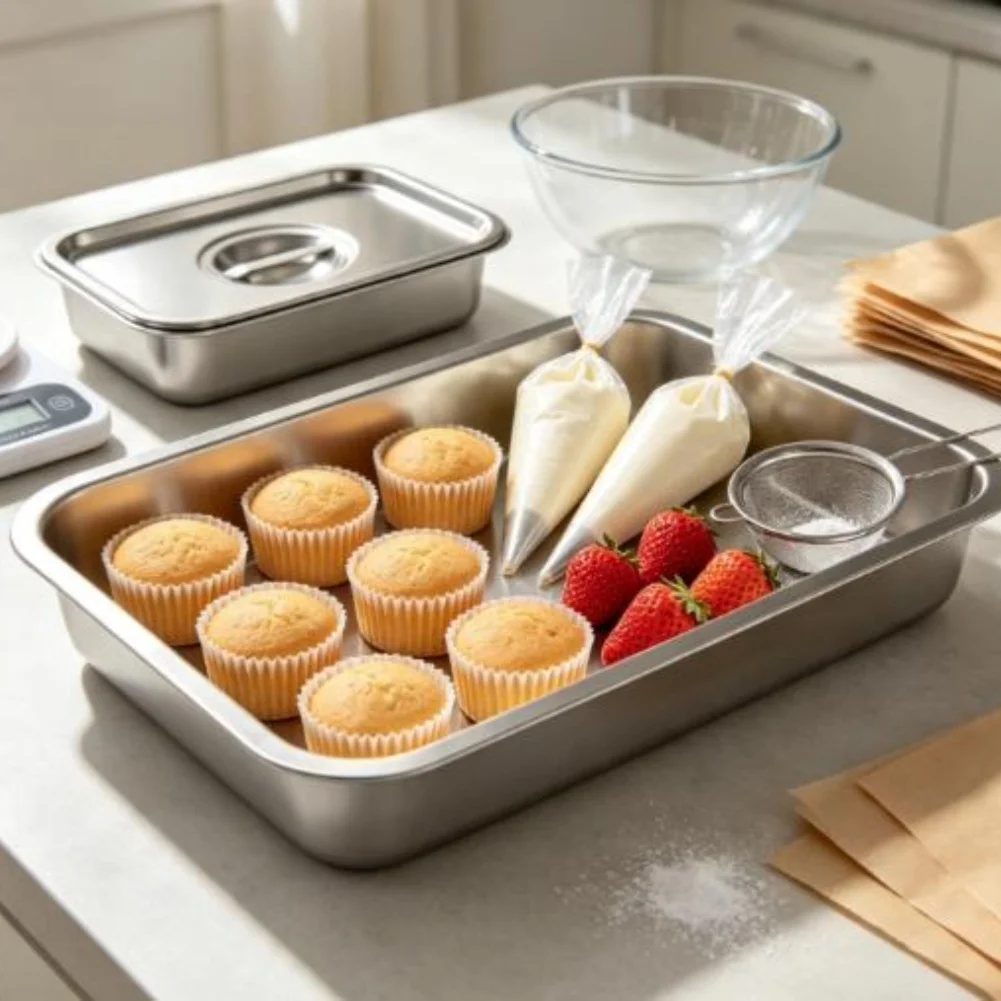 Cake Display Tray in Stainless Steel for Stable Support of Cakes Cupcakes Pastries and Fresh Fruits During Parties and Daily Use
