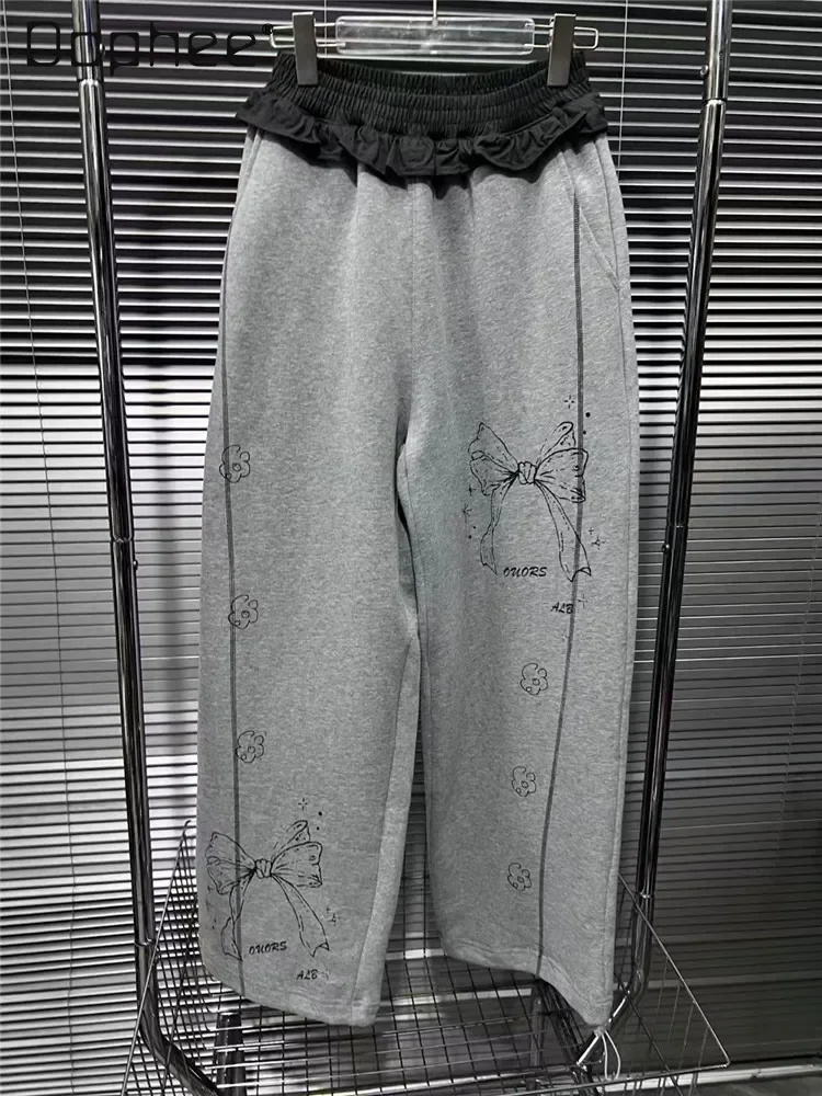 Ruche elastische taille wijde pijpen broek strik bedrukte casual broek voor dames Y2k trekkoord baggy grijze broek joggingbroek