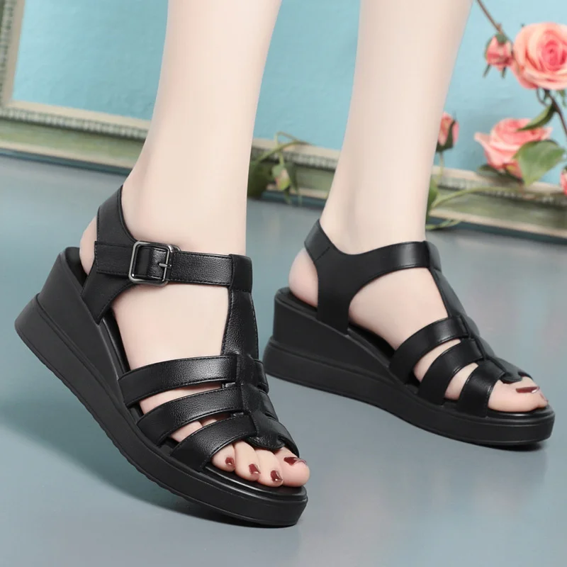 Ankle Buckle Wedge Sandals for Women Summer 2024 Patchwork Platform Breathable Comfort Non-slip Soft Sole Gladiator Sandals