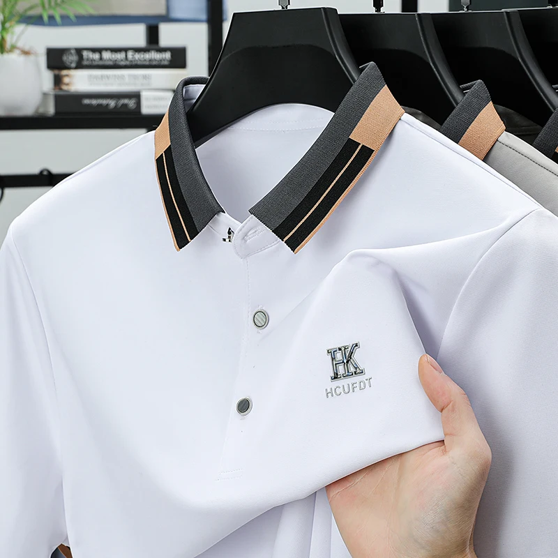 

Качественная роскошная мужская рубашка-поло с контрастными лацканами, летняя новая футболка с буквенным принтом и коротким рукавом, модная модная деловая мужская одежда, топ