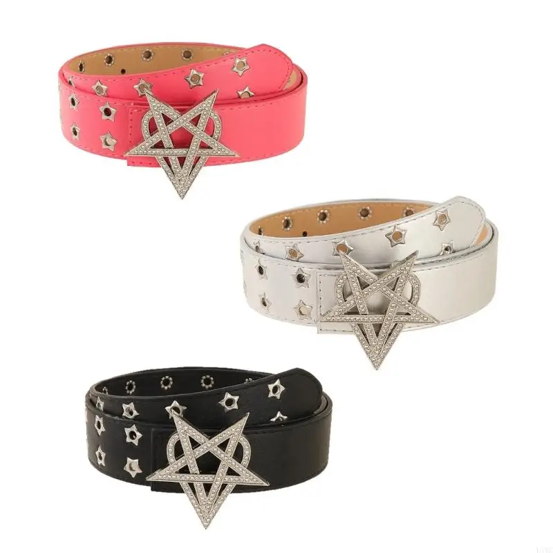 

L5YC Punk Waistband Heart Star Rhinestones Studded Belt Adjustable Double Row Clasp PU Leather Sash Clothing Accessory