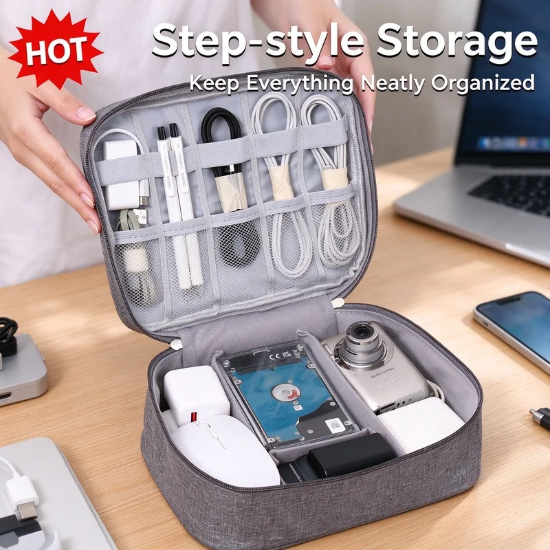 Waterproof Electronic Organizer Pouch, Portable Travel Cable Storage Bag for USB Data Cables and Charger Plugs
