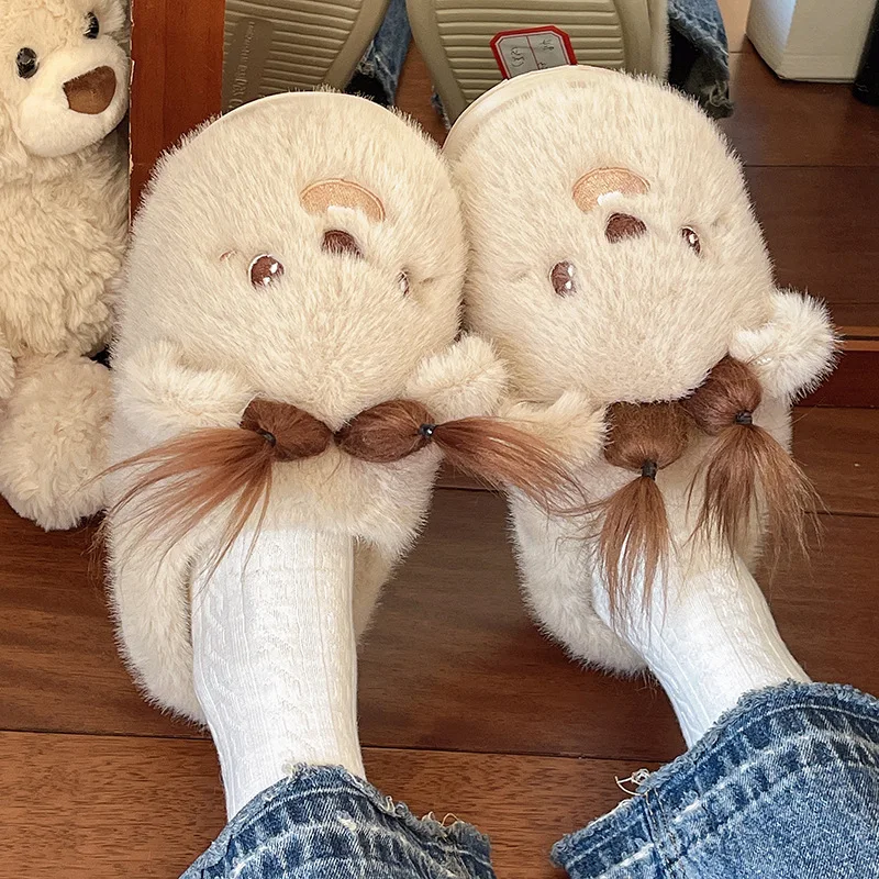 New niche creative braids bear slippers woman cute home backless shoes women's novelty DIY slipper winter warm fuzzy cloud mules