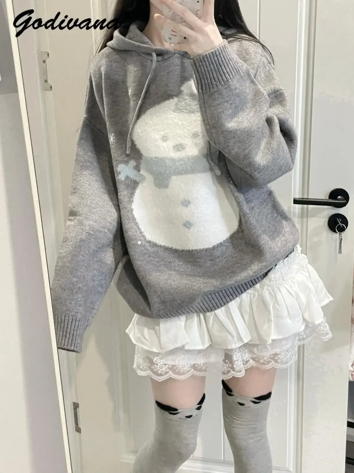 女性用グレーのスノーマンセーター、女の子用フード付きルーズ長袖プルオーバー、ニットトップ、ニットウェア、かわいい、新しい、y2k、秋冬