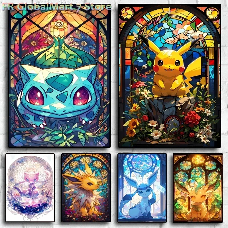Pokemon Wall Painting Bulbasaur Pikachu Cartoon Characters Brightly Colored Garden Themed Elegant Home Living Room Decor