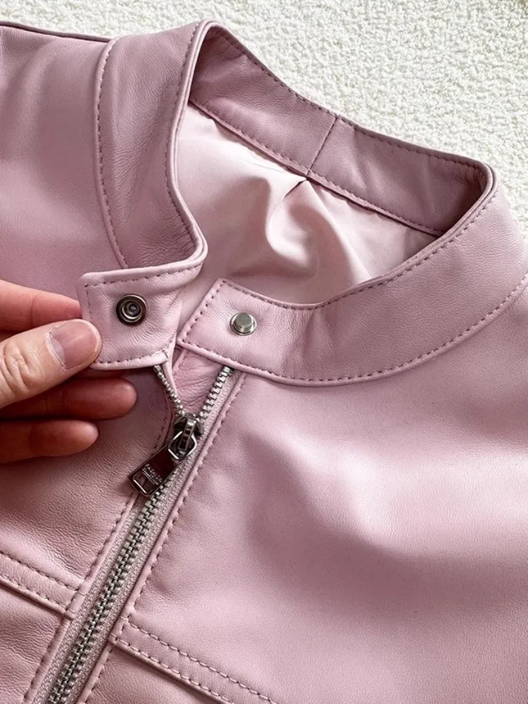 Giacca da donna in vera pelle con zip colletto alla coreana tinta unita vita alta cappotto corto da motociclista capispalla primaverile a maniche lunghe da strada