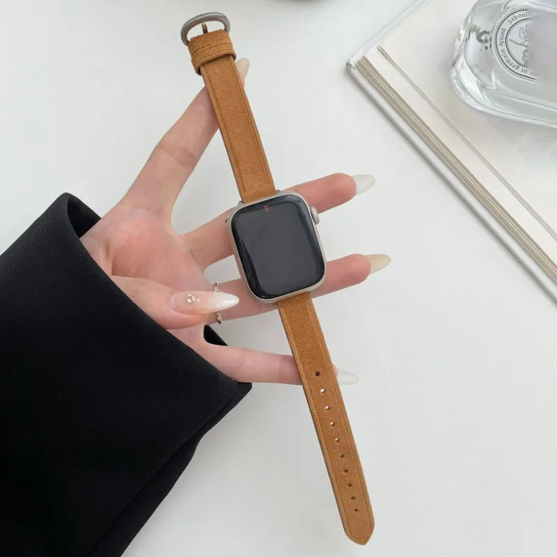 Pulseira de couro camurça para Apple Watch Band, Ultra 2, pulseira fina para iWatch Series 9, 8, 7, SE, 6, 5, 4, 49mm, 41mm, 45mm, 44 milímetros, 38 milímetros, 40 mulheres