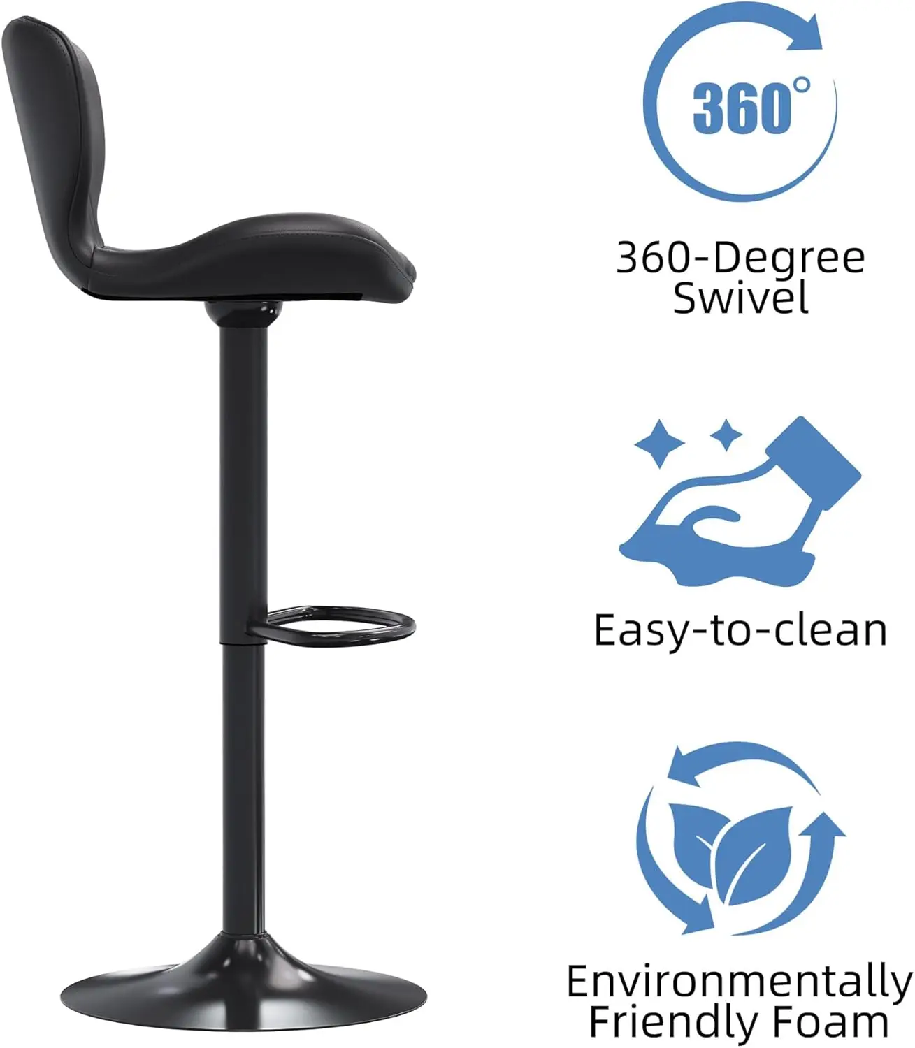 가죽 바 스툴 4개 세트, 조절 가능한 카운터 높이, 주방용 모던 블랙 아일랜드 의자