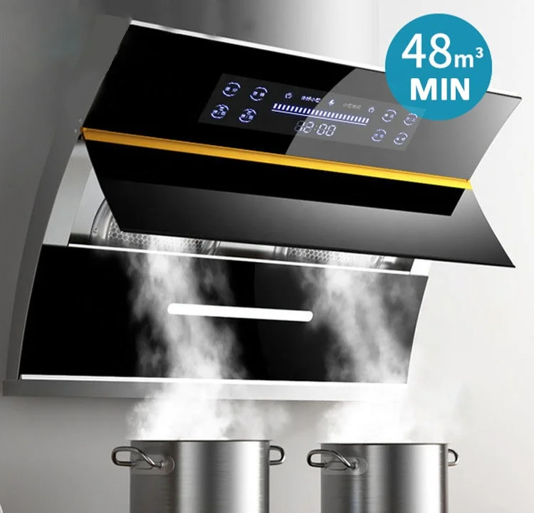 Tipi moderni di alta qualità Camino da cucina Cappa da cucina personalizzata all'ingrosso Estrattore per cappa da cucina in vetro curvo