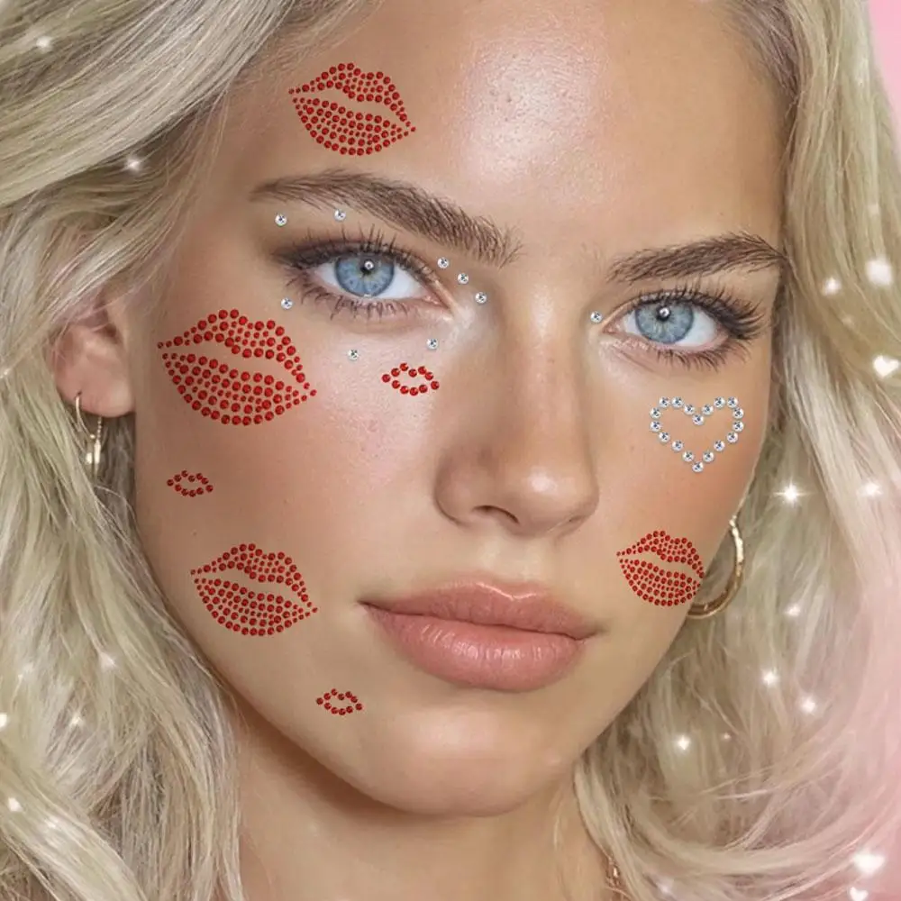 3/4Sheets Face Gems Self Adhesive Jewels Red Face Glitter Lip Hair Gems Festival Kiss Stickers for Makeup Eye Hair Body Nail