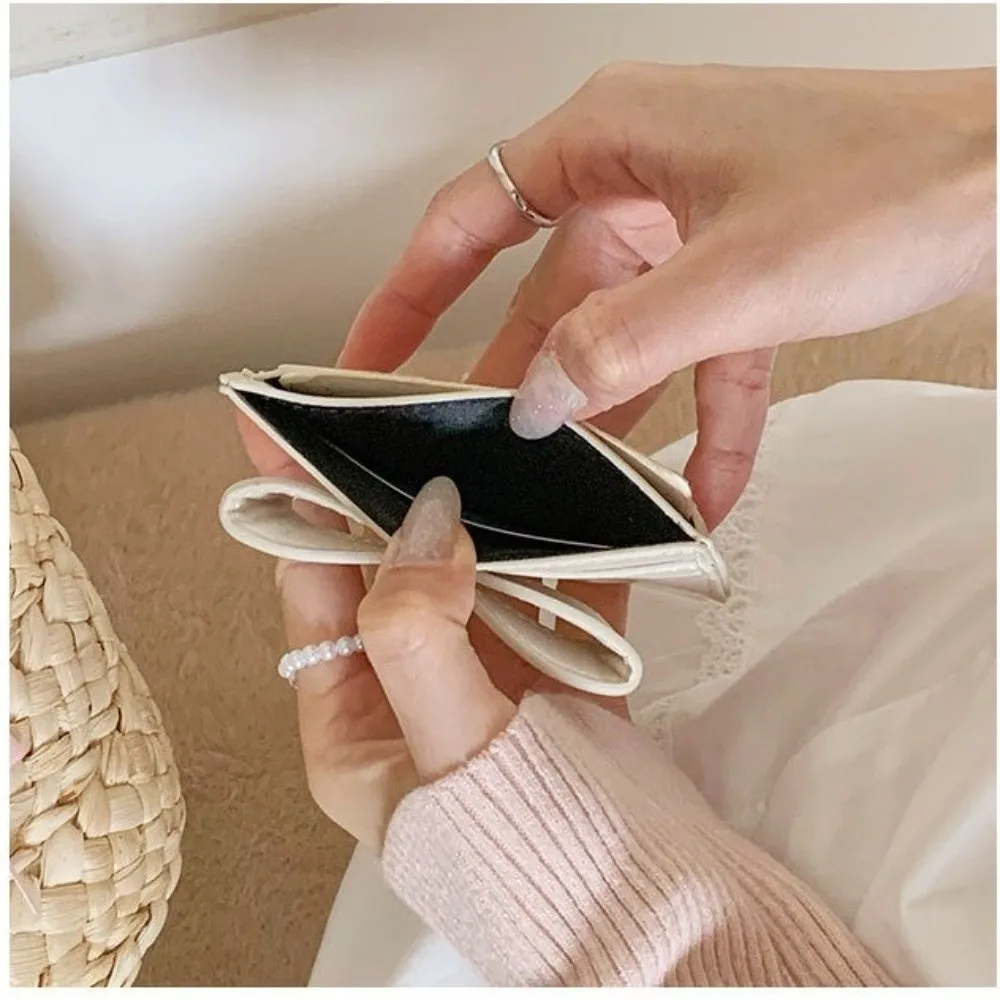 Sweet Bow Decoration Card Holder Ultra Thin PU Leather Mini Wallet Multi-card Slots Solid Color Coin Purse for Students
