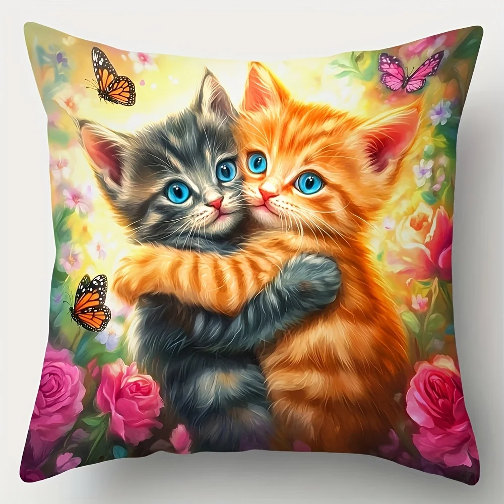 1PC 2D Flat Cute Kittens Floral Throw Pillow Covers Spring Garden Cat Themed Cushion Cases For Home Sofa Bedroom Decor