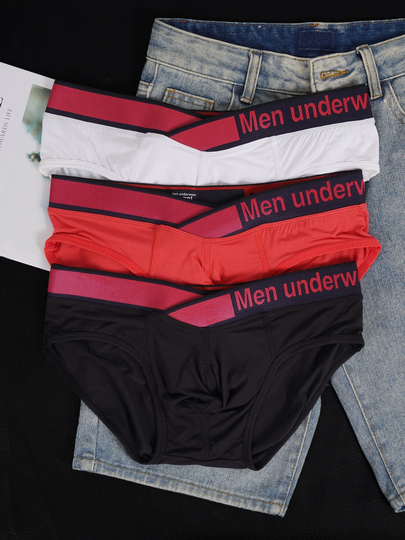 

3 PCS Men's Modal Convex Pouch Briefs, V-Shape Contrast Letter Waistband Summer Breathable Cooling Underwear
