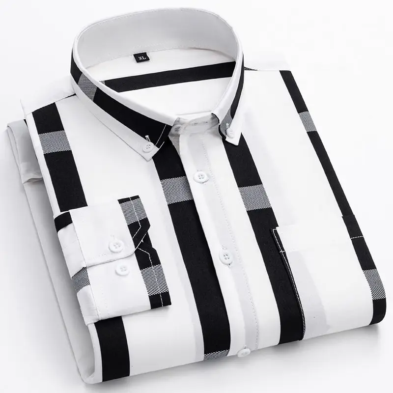 

2023 Spring and Autumn Men's Pointed Neck Loose Button Pocket Printed Stripes Casual Fashion Elegant Commuter Long Sleeve Shirt