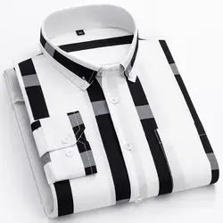 Elegante camisa de manga comprida masculina, gola pontifa, bolso solto com botões, listras estampadas, moda casual, viajante, primavera e outono, 2023