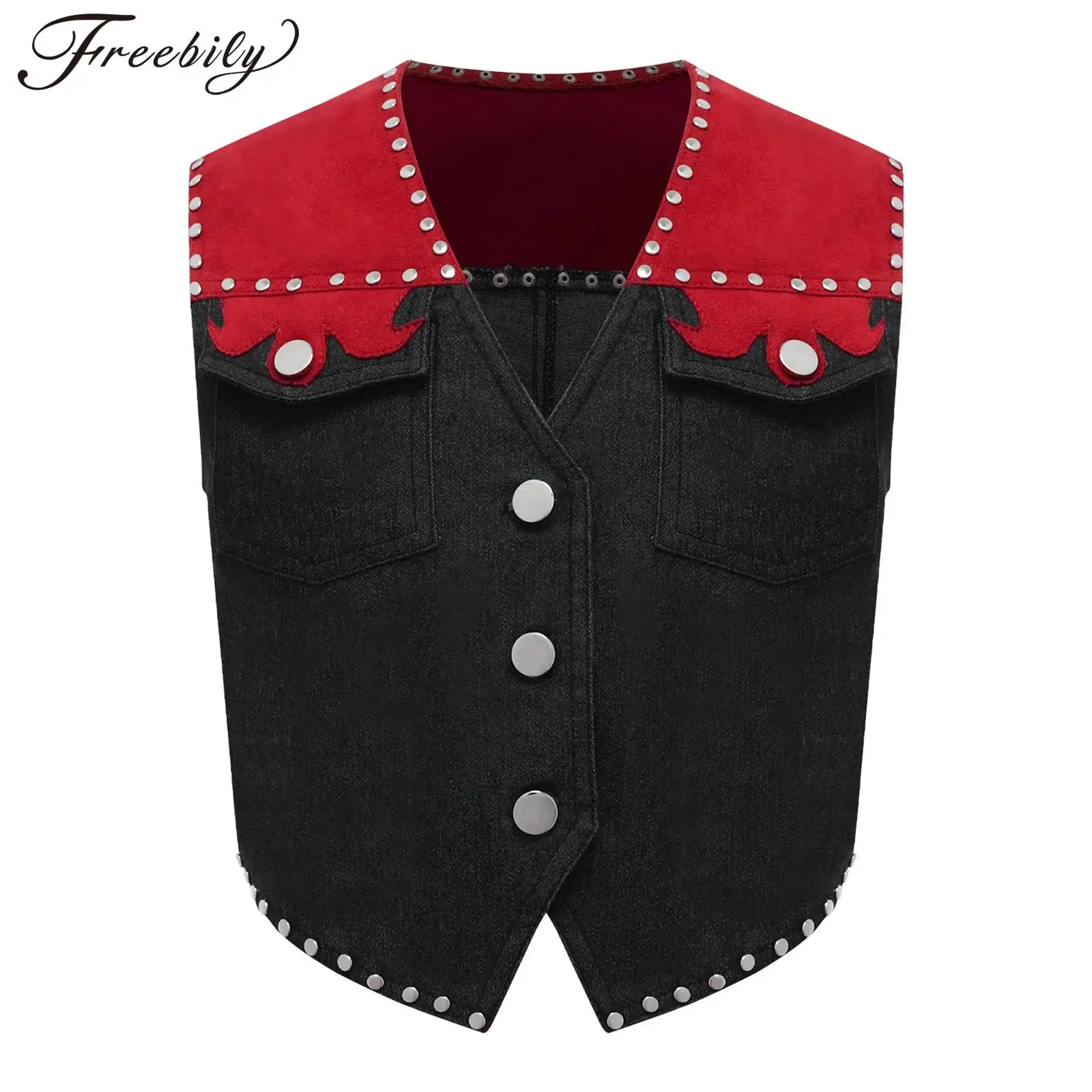 

Kids Western Cowboy Cosplay Costume V Neck Buttons Rivet Fringe Cowgirl Vest Halloween Carnival Party Role Play Denim Waistcoat