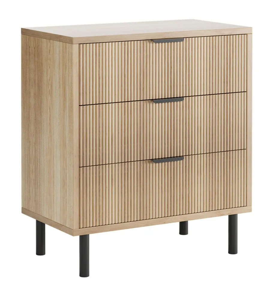 Fluted 3 Drawers Dresser, Wide Wood Chest of Drawers, Drawers Organizer with Metal Legs and Anti-Tipping Device