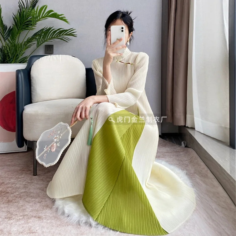 

Pleats Pleated Dress Spring And Autumn Long-sleeved Cheongsam Ageing Stripes Color Blocking Thin Medium-sleeved A-line Dress