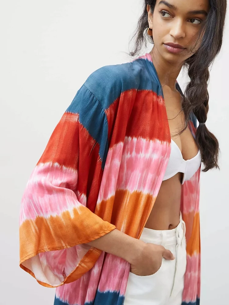 Strand Kimono Vrouwen Jurk Rainbow Gestreepte Tie Dye Badpak Cover Up Self Belted Summer Holiday Beachwear Badpakken