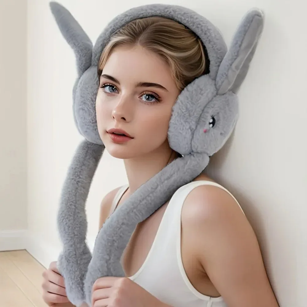 Cartoon Bunny Ear Warmers Plush Knitted Stretchable Polyester Ear Muffs Cozy Winter Ear Covers Reusable Hand Wash Care