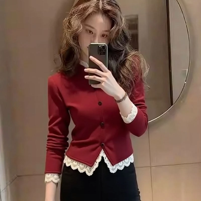 New Chinese Style Red Lace Splicing Women's Shirt Slimming Fashionable Inner Wear Base Top Long Sleeve Casual Business Shirt