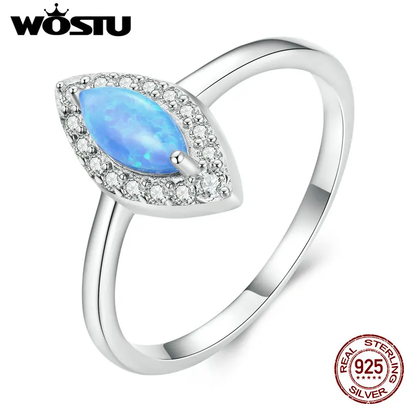 WOSTU 925 Sterling Silver Horse Eye Shaped Blue Opal Clear Zircon Rings For Women Evil Eye Unique Party Ring Fine Jewelry Gift