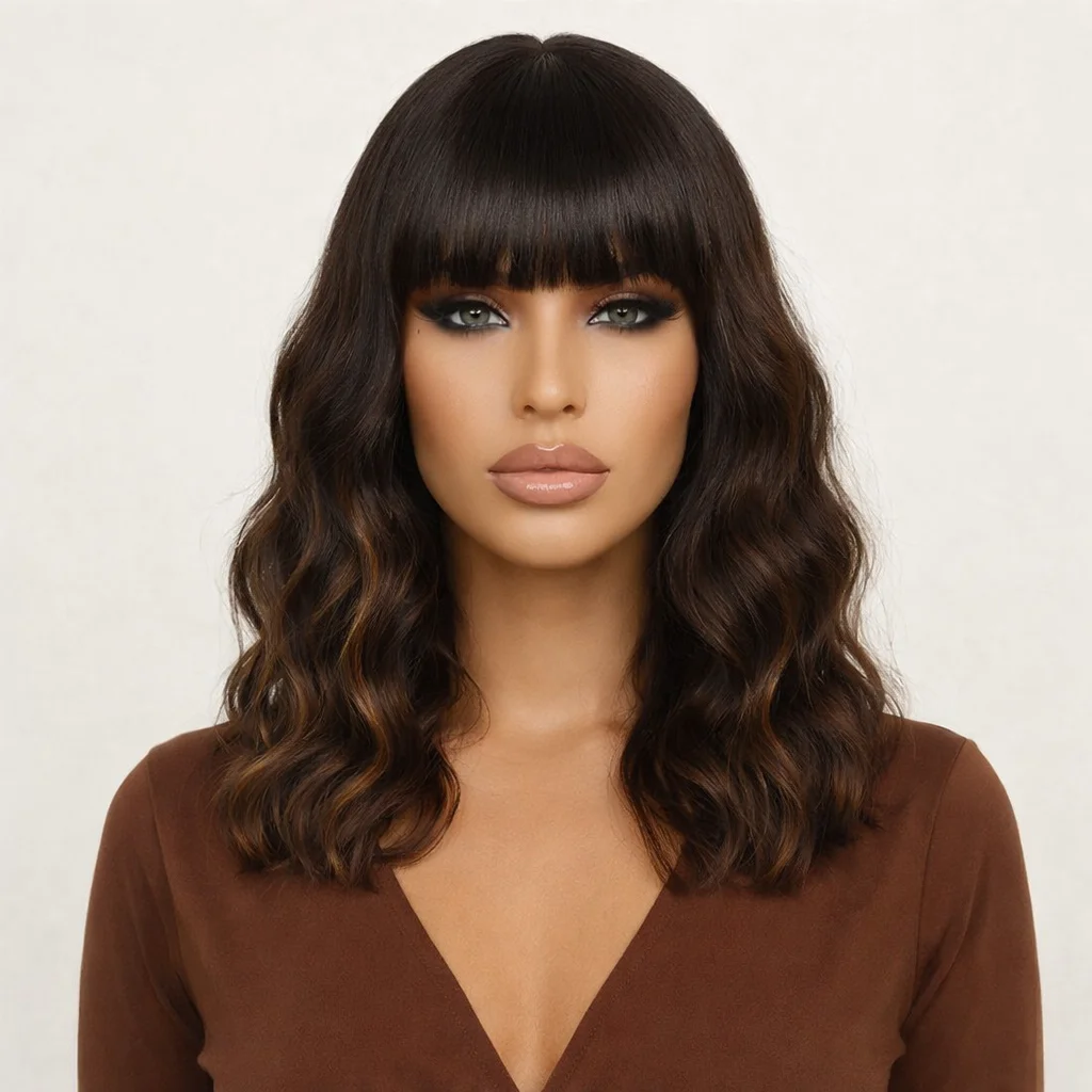 

Короткий волнистый парик с челкой для женщин, черный с коричневым оттенком, кудрявый, натуральный волнистый синтетический парик для повседневной носки, вечеринок и косплея