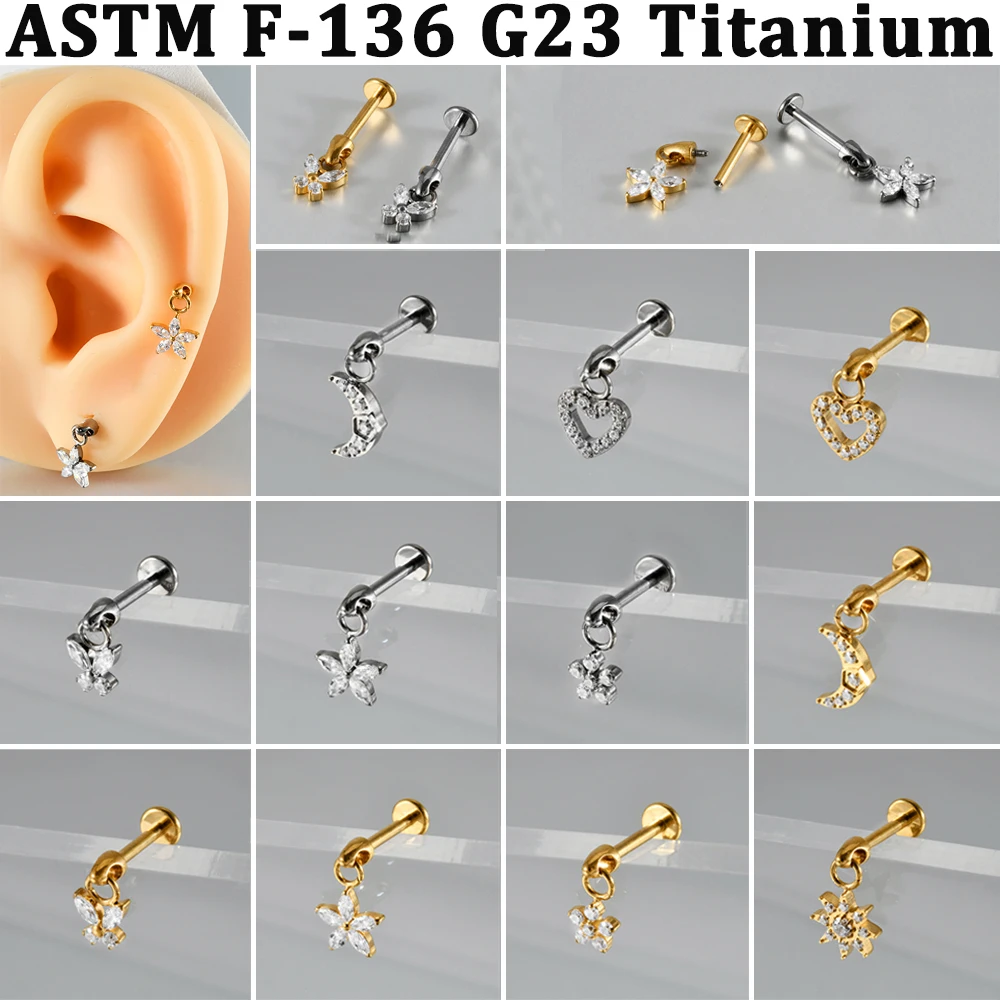 1PC CZ Flower Moon Heart Drape Helix Tragus Conch Piercing ASTM F-136 Titanium Inner Screw Rook Earring Silvery&Golden Plated