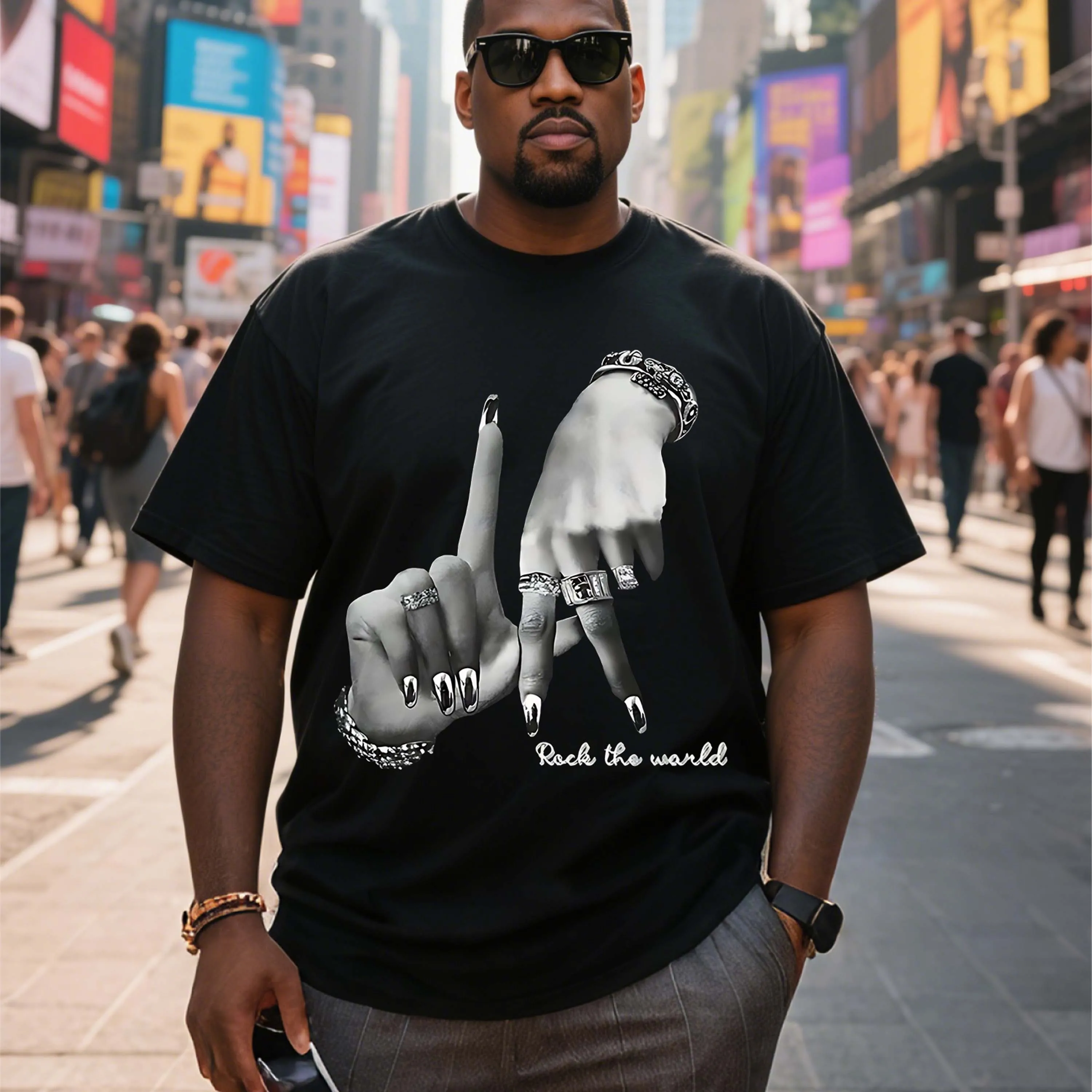 Plus Size Rock the World Graphic Men's Black T-Shirt Suitable for Outdoor Leisure Wear in Summer