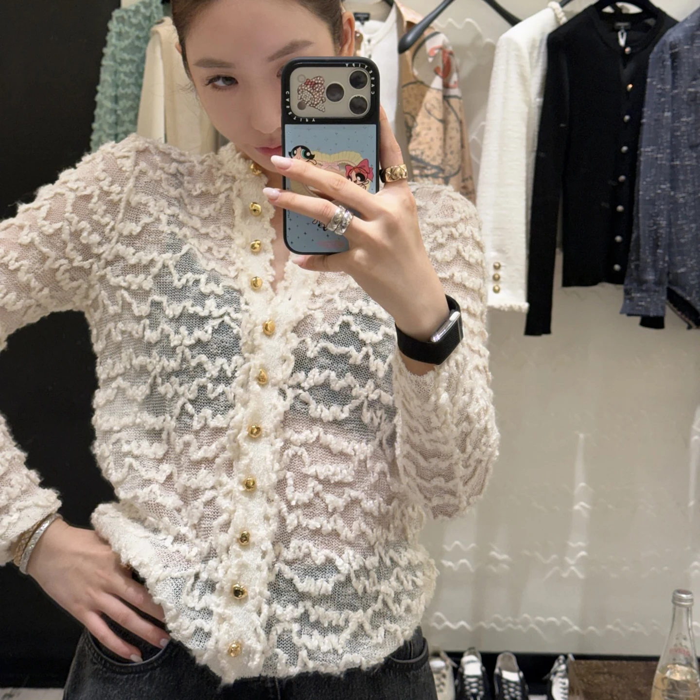 Summer new French gentle wind lace hollow knitted cardigan women's long-sleeved metal button popular top