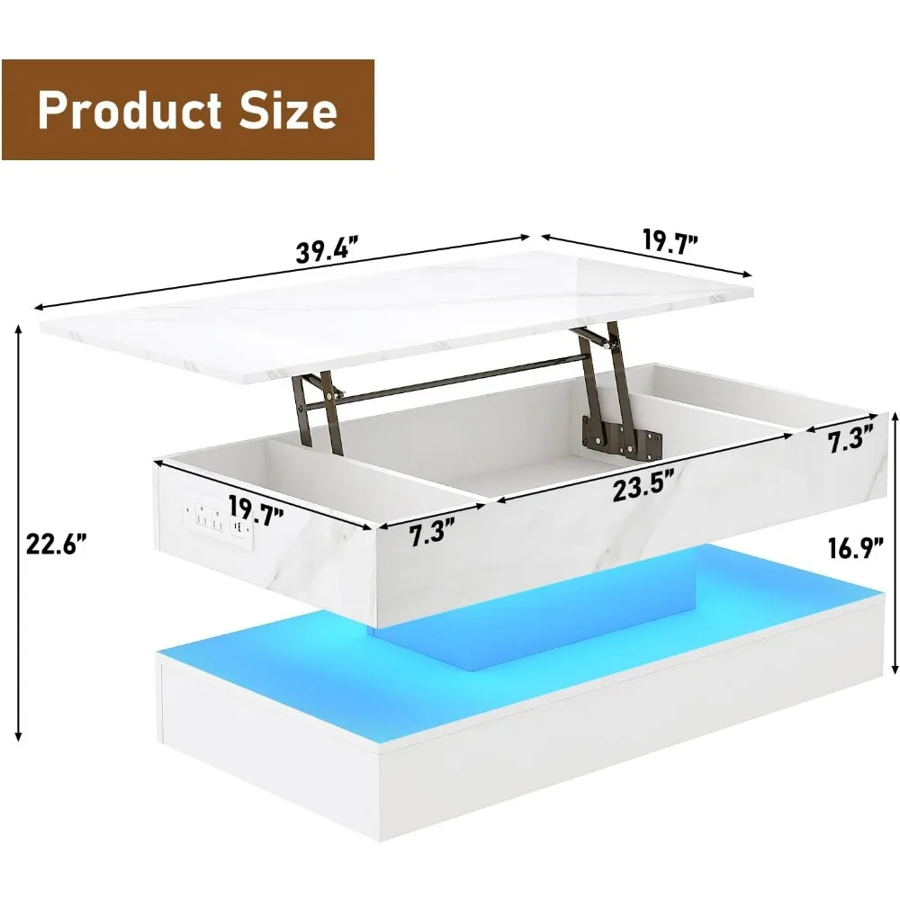 Lift Top Coffee Table with LED Lights, High Gloss Storage Center Table for Living Room, White
