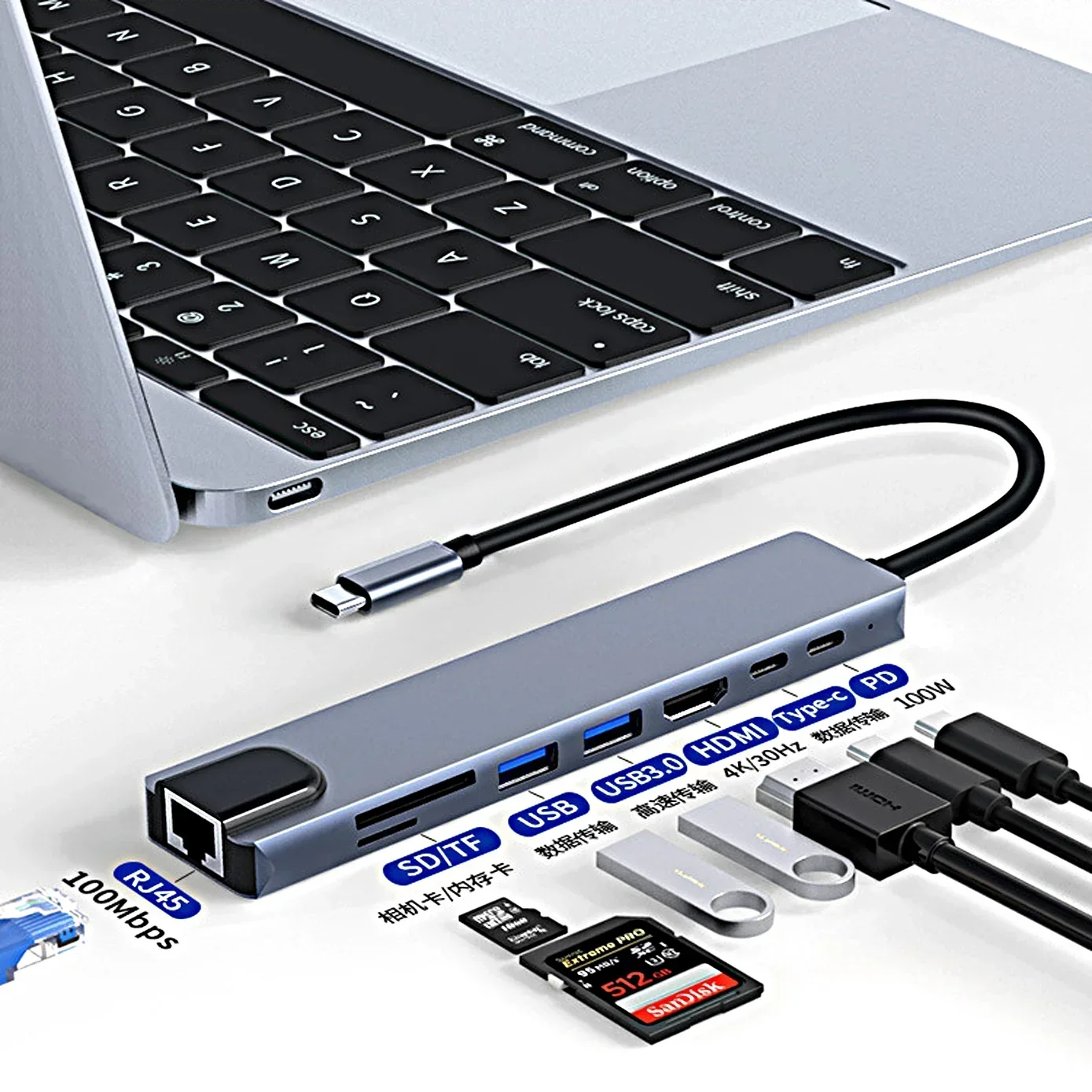 USB C Hub Typ C Splitter zu HDMI 4K Thunderbolt 3 Docking station Laptop Adapter mit PD SD TF RJ45 für MacBook Air M1 iPad Pro