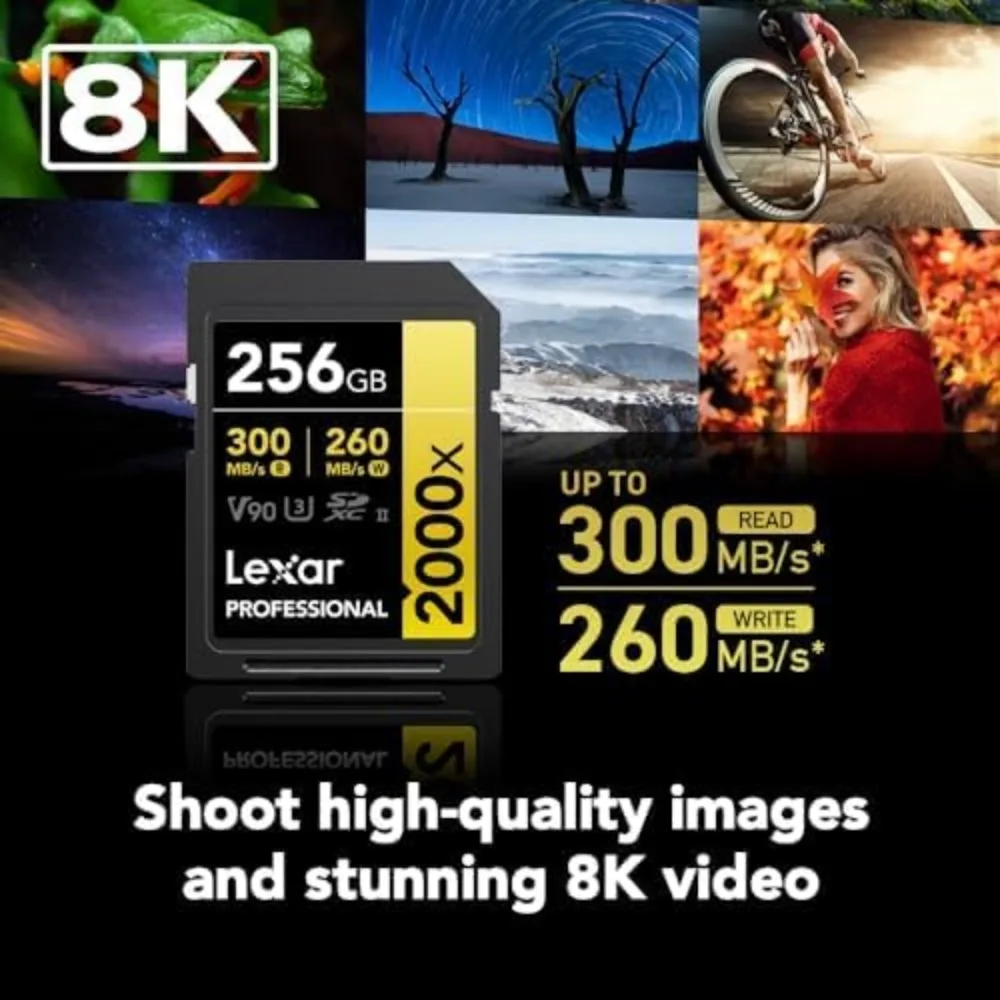 256GB Professional SD Card, UHS-II, C10, U3, V90, HD & 8K, Up to 300MB/s Read Speed, Compatible with DSLR and Video Cameras - view 2
