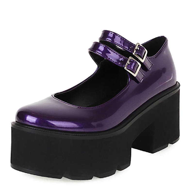 

Patent Women Pumps Gothic Shoes Ankle Strap High Chunky Heels Platform Punk Creepers Shoes Female Fashion Buckle Comfortable