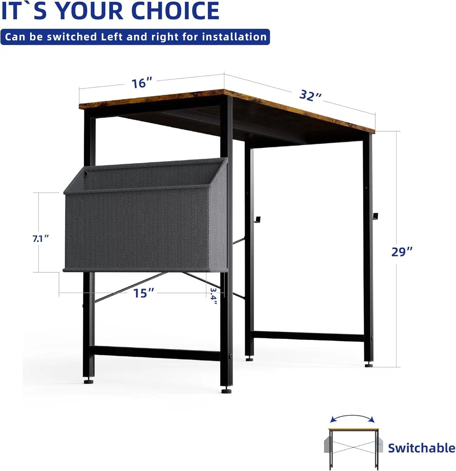 32 Inch Kleine Ruimte Computerbureau Met Opbergtas, Thuiskantoor Met Koptelefoonhaak, Studiebureau