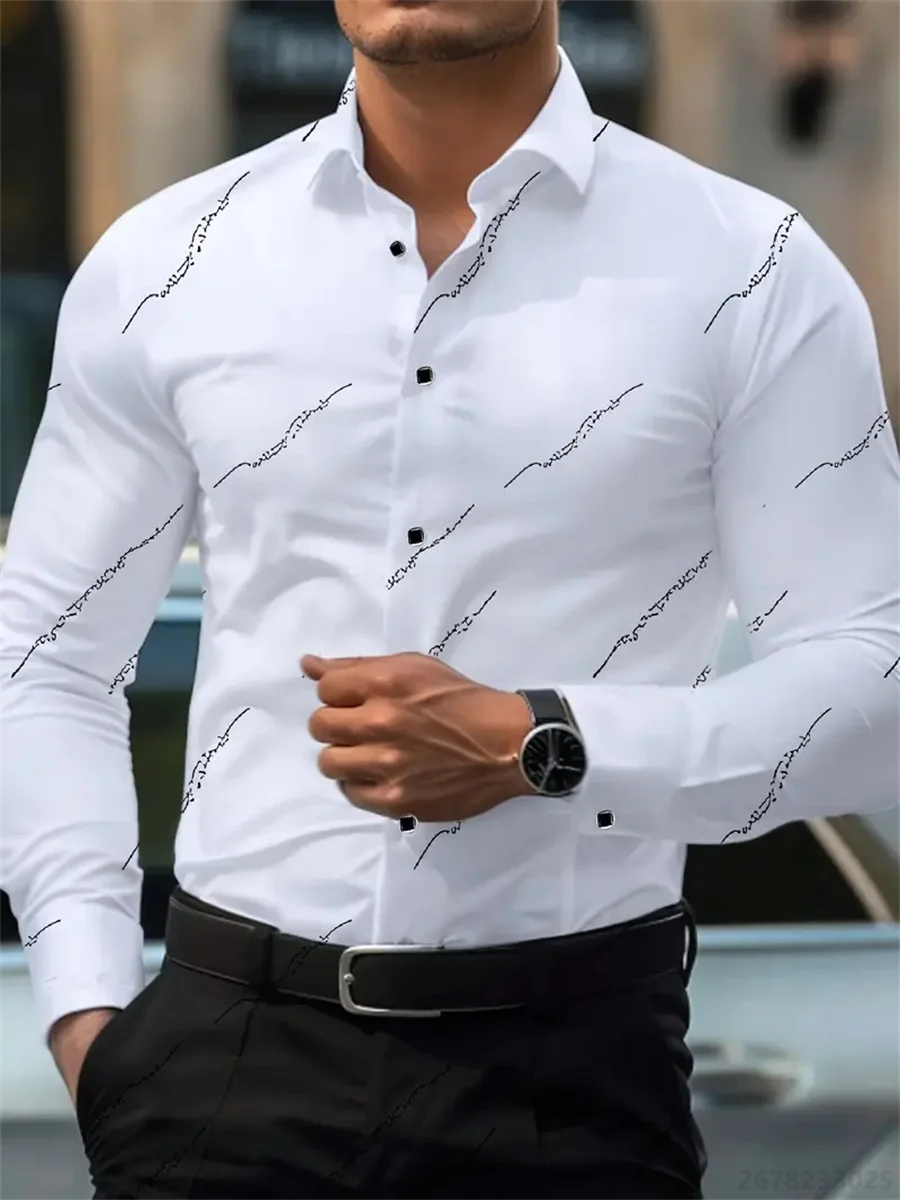 New Men's Fashion Creative Line Print Long-Sleeved Shirt Business Casual Slim Versatile Daily Commuter Shirt XS-6XL Size