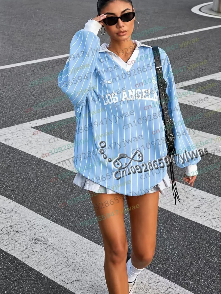 Damen Casual Gestreiftes Los Angeles Sportliches Polokragen-Langarm-T-Shirt, Oversize Streetwear, Herbst Damenbekleidung – Detail 7
