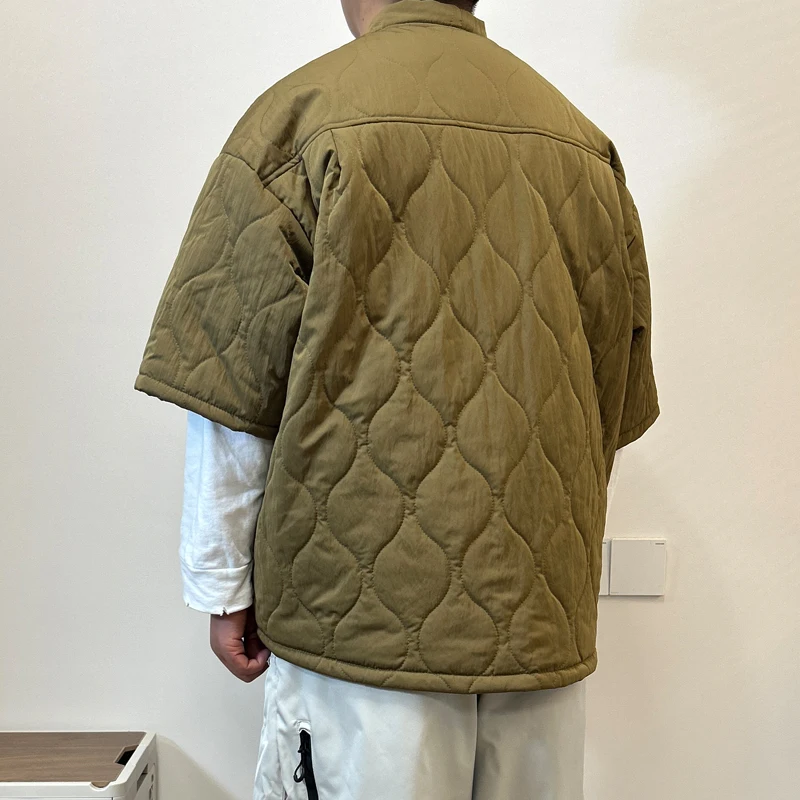 اليابانية الرجعية فضفاضة المناسب خندق معطف سترة الرجال قصيرة الأكمام الماس منقوشة الداخلية بطانة سترة قطن العصرية #5