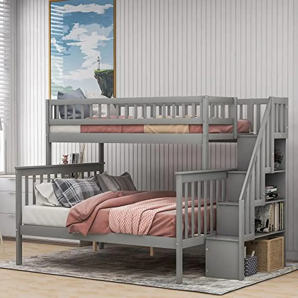 Full Over Full Bunk Beds with Trundle Storage and Guard Rails Wood Bunk Bed with Stairs Modern Design Sturdy Construction 95.2