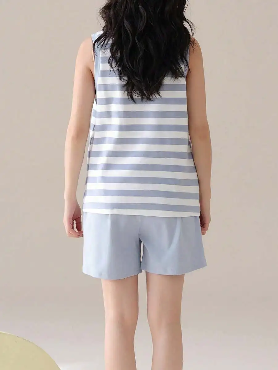 

2pcs Women Casual Minimalist Spring Summer Round Neck Striped Sleeveless Tank Top And Shorts Pajama Set
