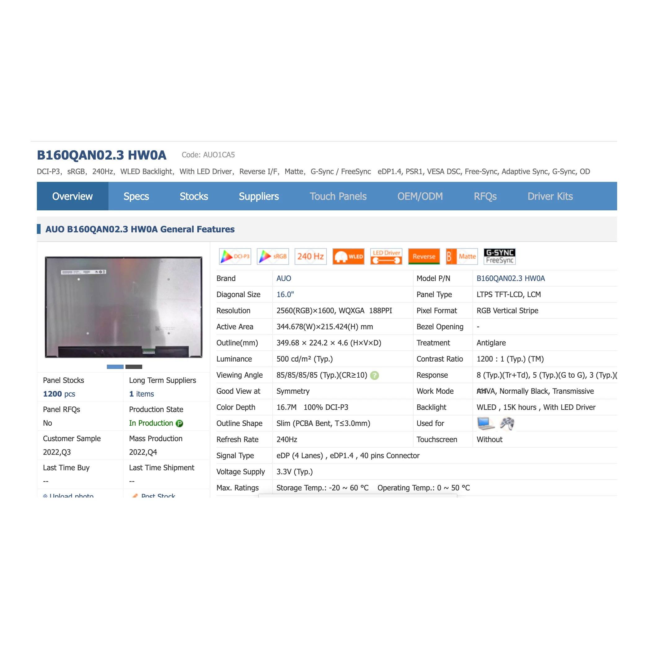 

B160QAN02.3 2560*1600 40pins Display Panel LCD Screen 16.0''inch 240Hz